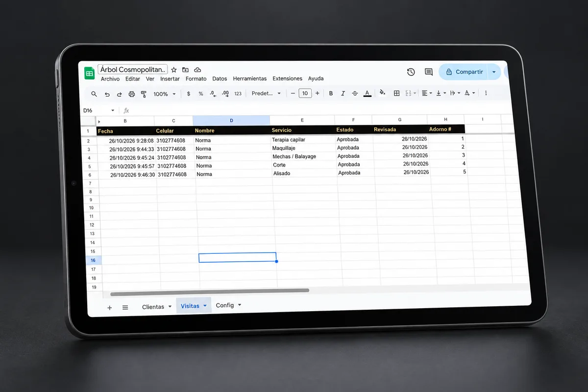 Base de datos de clientes en Google Sheets con nombre, celular, servicios y cumpleaños